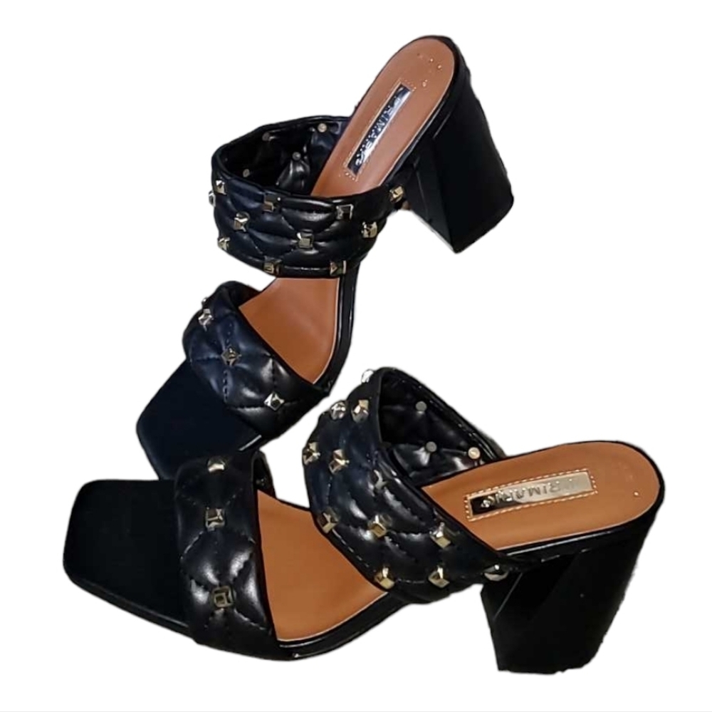 PRIMARK Black Open Toe Sandals Retro Block Heal Gold Studs Size 8